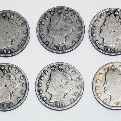 6 Liberty Head V-Nickles Coin Set - 1903-1912 - Rare American Coins Lot #501-08