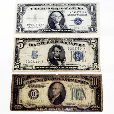 Old US Currency Lot - 1934 $10 + 1934 $5 + 1935 $1 Silver Certificates #501-24