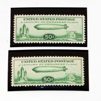 2x Scott C18 c. 1933 50Â¢ Century of Progress Zeppelin Airmail Stamps MNH #501-28