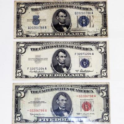 Old US Currency 3x $5 Five Dollars Notes 1934 1953 1963 - Rare Set #501-22