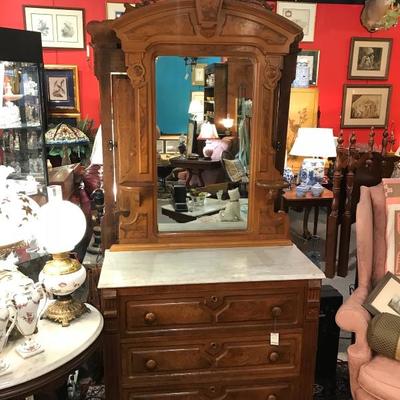 Lot 11-Antique Victorian Renaissance Revival Walnut Marble Top Dresser