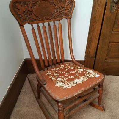 Antique Carved Wood Rocking Padded Rocking Chair