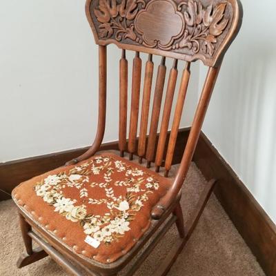 Antique Carved Wood Rocking Padded Rocking Chair