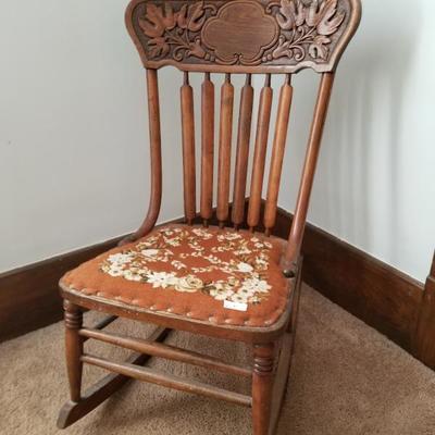 Antique Carved Wood Rocking Padded Rocking Chair