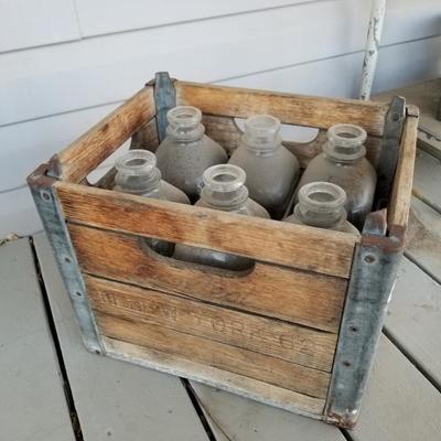 Vintage Wooden Milk Crate W/ Glass Bottles