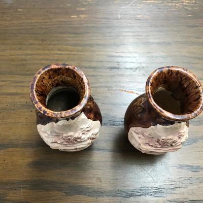 Pair of Vintage Japanese Clay Material Carved Vases (Item 3011)