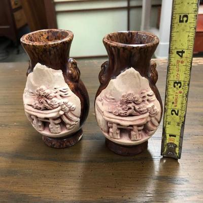 Pair of Vintage Japanese Clay Material Carved Vases (Item 3011)