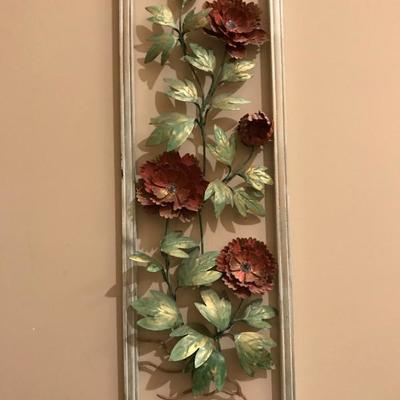 Lot 172- Vintage Tin and Wood Floral Wall Plaque
