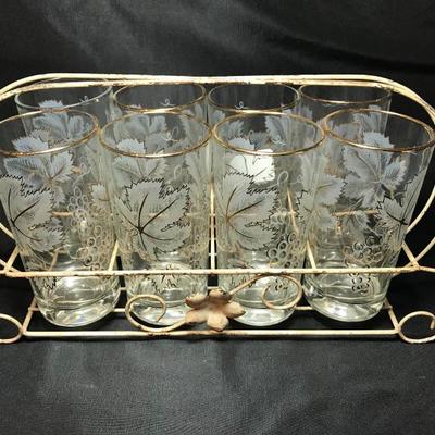 Lot 73- MC Set of Eight Grape Pattern Glasses with Metal Carrier