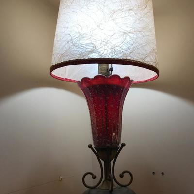 Lot 182- MCM Red Artglass Lamp with Fiberglass Shade