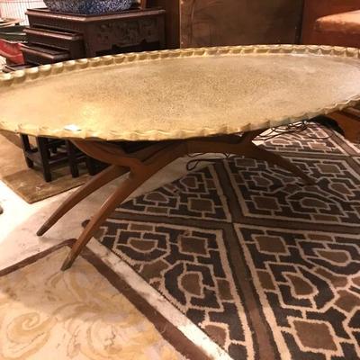 Lot 96- Large Turkish Oval Brass Engraved Tray on MCM Folding Stand