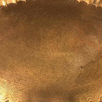 Lot 105- Engraved Oval Brass Turkish Tray on Turned Wood Stand
