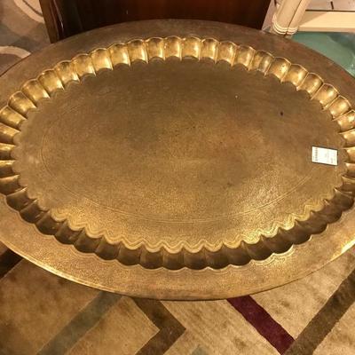 Lot 105- Engraved Oval Brass Turkish Tray on Turned Wood Stand