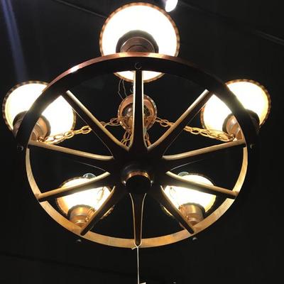 Lot 187- Vintage Copper and Wood Wagon Wheel Chandelier