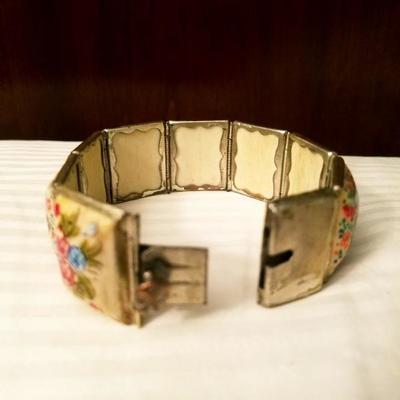 Hand painted vintage Persian 8 panel silver covered bracelet 1940's