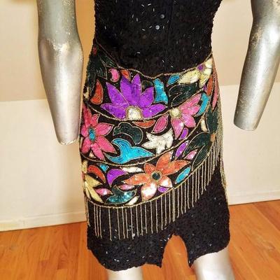 Vtg Unique bold sequined Art Deco floral beaded dress gold fringe