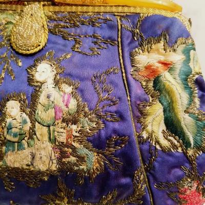 Antique Chinese silk stitch embroidered purse bakelite handle top 
