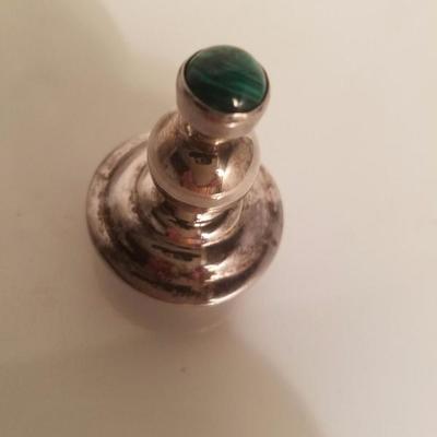 Old silver perfume bottle with Moss agate green stone stopper