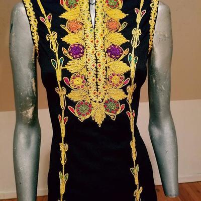 Vintage Moroccan golden Hand embroidered maxi Kaftan festive dress