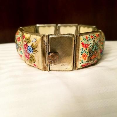 Hand painted vintage Persian 8 panel silver covered bracelet 1940's