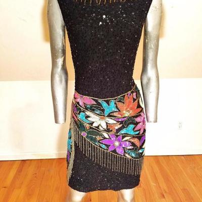 Vtg Unique bold sequined Art Deco floral beaded dress gold fringe