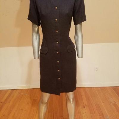 Vtg  GUY LAROCHE Paris navy blue Linen dress brass button front