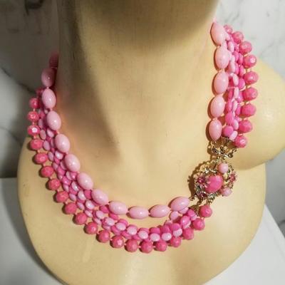 Vtg Bead Necklace multi strand Pink Enamel & rhinestone clasp  Choker Style