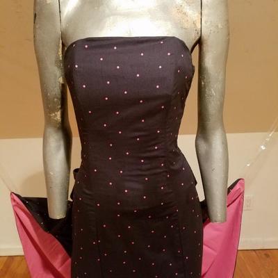 Vtg Laura Ashley strapless basque dress pink color block & dots kitten bow