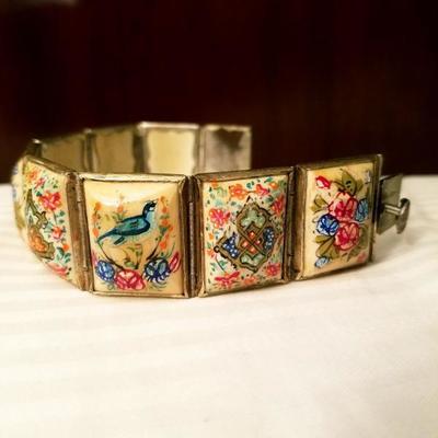 Hand painted vintage Persian 8 panel silver covered bracelet 1940's