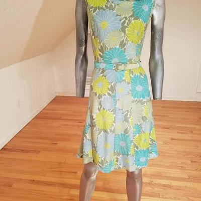 Vtg 1940's wiggle panel jersey dress floral print buckle belt