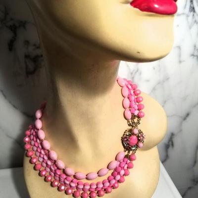 Vtg Bead Necklace multi strand Pink Enamel & rhinestone clasp  Choker Style