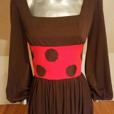 Vtg Maxi 1970's Polka dot dress Cocoa/Orange fluid