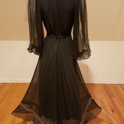 Vtg French Campagne silk chiffon maxi dress hand embroidery 