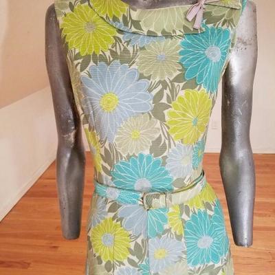 Vtg 1940's wiggle panel jersey dress floral print buckle belt