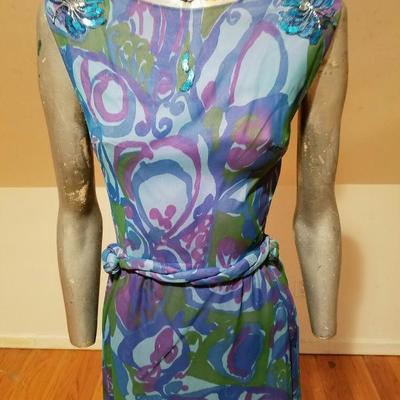 Vtg 1950's Lord & Taylor silk screen chiffon wiggle dress embellished shoulders