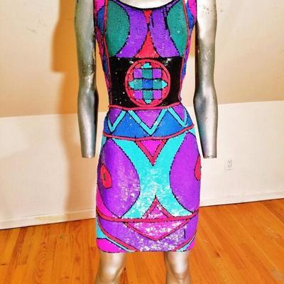 Vtg 1970's Geometric silk dress fully sequined embellished Amazing 