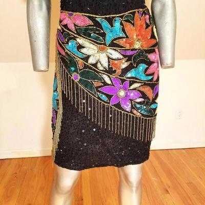 Vtg Unique bold sequined Art Deco floral beaded dress gold fringe