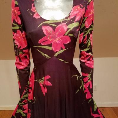 Vintage Boho chic red/pink Lilly floral on brown jersey maxi full sweep