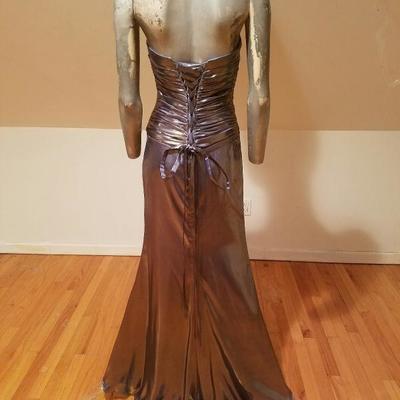 Vtg Gun Metal liquid lame heavy Embellished strapless laced gown fluid hem