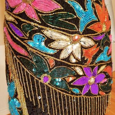 Vtg Unique bold sequined Art Deco floral beaded dress gold fringe