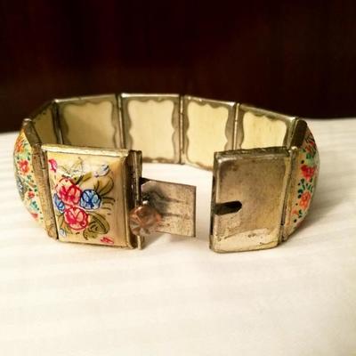Hand painted vintage Persian 8 panel silver covered bracelet 1940's