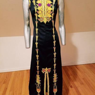 Vintage Moroccan golden Hand embroidered maxi Kaftan festive dress