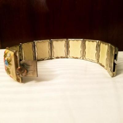 Hand painted vintage Persian 8 panel silver covered bracelet 1940's