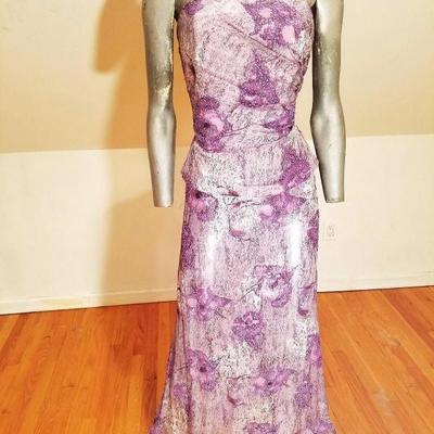 Vtg silk violet Jovani strapless beaded gown with cover scarf 