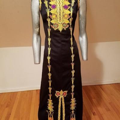 Vintage Moroccan golden Hand embroidered maxi Kaftan festive dress