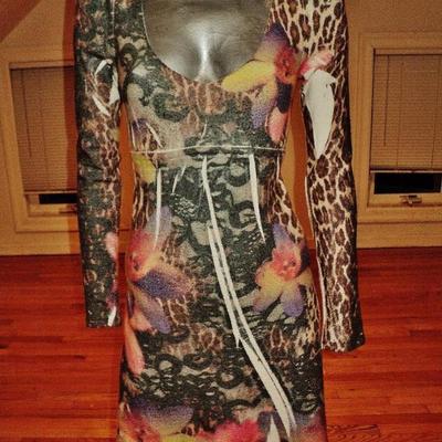 Vtg Animal print body con dress knit spandex 