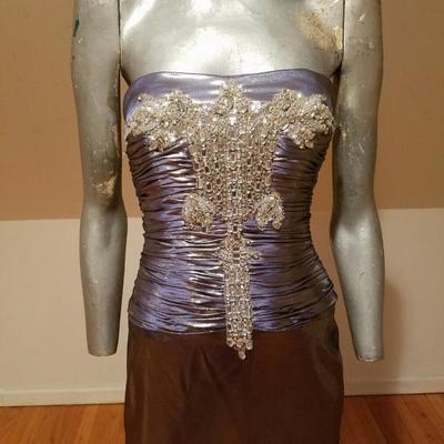 Vtg Gun Metal liquid lame heavy Embellished strapless laced gown fluid hem