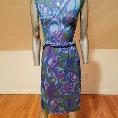 Vtg 1950's Lord & Taylor silk screen chiffon wiggle dress embellished shoulders