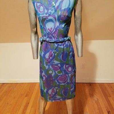 Vtg 1950's Lord & Taylor silk screen chiffon wiggle dress embellished shoulders