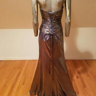 Vtg Gun Metal liquid lame heavy Embellished strapless laced gown fluid hem